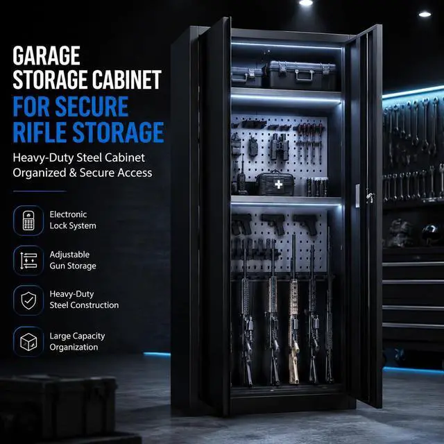Alt view image 4 of 6 - Metal Storage Cabinet Safe with Digital Keypad & Dual Alarm | Secure Rifle Storage Cabinet with Adjustable Shelves & Removable Pegboards for Garage Cabinet & Home Cabinet