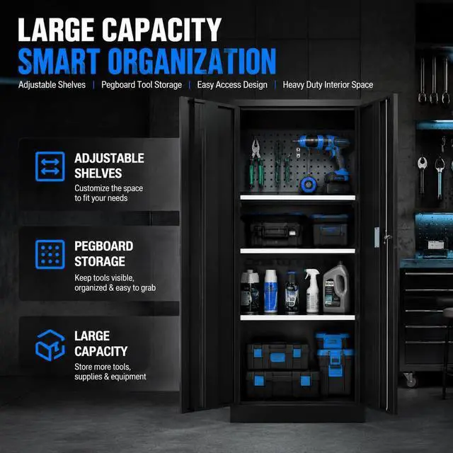 Alt view image 5 of 6 - Metal Storage Cabinet Safe with Digital Keypad & Dual Alarm | Secure Rifle Storage Cabinet with Adjustable Shelves & Removable Pegboards for Garage Cabinet & Home Cabinet