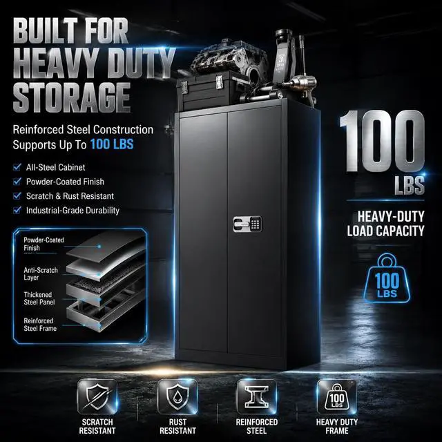 Alt view image 6 of 6 - Metal Storage Cabinet Safe with Digital Keypad & Dual Alarm | Secure Rifle Storage Cabinet with Adjustable Shelves & Removable Pegboards for Garage Cabinet & Home Cabinet