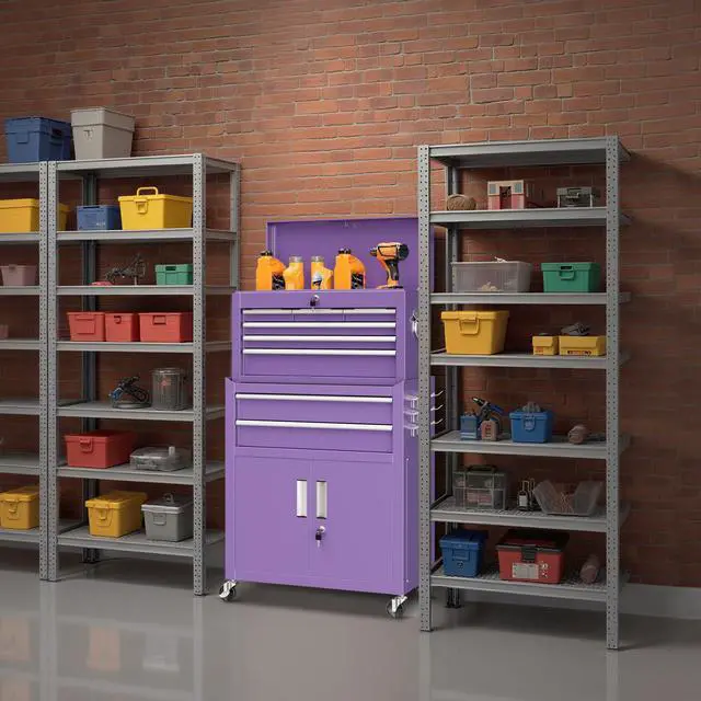 Alt view image 2 of 6 - 8 Drawer Rolling Tool Chest and Cabinet Combo,Heavy-Duty Metal Garage Tool Chest with Wheels and 2 Doors,2-in-1 Top Box and Roller Cabinet Combo for Garage, Workshop, Warehouse-Purple