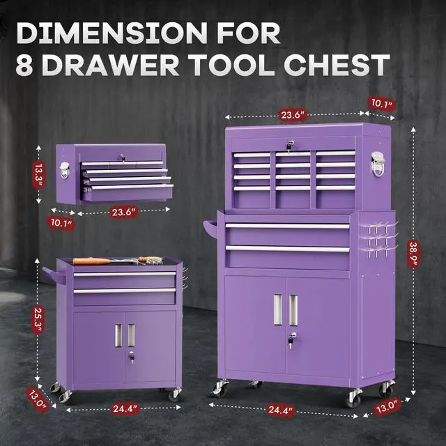 Alt view image 3 of 6 - 8 Drawer Rolling Tool Chest and Cabinet Combo,Heavy-Duty Metal Garage Tool Chest with Wheels and 2 Doors,2-in-1 Top Box and Roller Cabinet Combo for Garage, Workshop, Warehouse-Purple