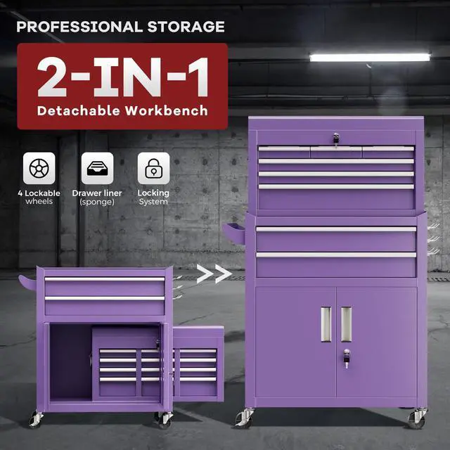Alt view image 4 of 6 - 8 Drawer Rolling Tool Chest and Cabinet Combo,Heavy-Duty Metal Garage Tool Chest with Wheels and 2 Doors,2-in-1 Top Box and Roller Cabinet Combo for Garage, Workshop, Warehouse-Purple
