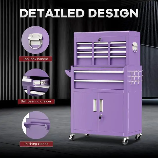 Alt view image 5 of 6 - 8 Drawer Rolling Tool Chest and Cabinet Combo,Heavy-Duty Metal Garage Tool Chest with Wheels and 2 Doors,2-in-1 Top Box and Roller Cabinet Combo for Garage, Workshop, Warehouse-Purple