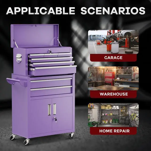 Alt view image 6 of 6 - 8 Drawer Rolling Tool Chest and Cabinet Combo,Heavy-Duty Metal Garage Tool Chest with Wheels and 2 Doors,2-in-1 Top Box and Roller Cabinet Combo for Garage, Workshop, Warehouse-Purple