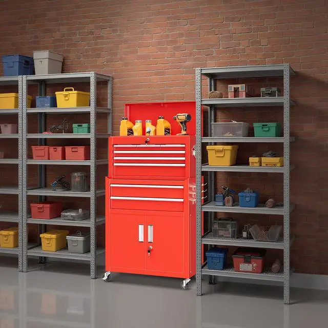 Alt view image 2 of 6 - 8 Drawer Rolling Tool Chest and Cabinet Combo,Heavy-Duty Metal Garage Tool Chest with Wheels and 2 Doors,2-in-1 Top Box and Roller Cabinet Combo for Garage, Workshop, Warehouse-Red