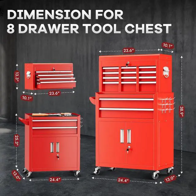 Alt view image 3 of 6 - 8 Drawer Rolling Tool Chest and Cabinet Combo,Heavy-Duty Metal Garage Tool Chest with Wheels and 2 Doors,2-in-1 Top Box and Roller Cabinet Combo for Garage, Workshop, Warehouse-Red