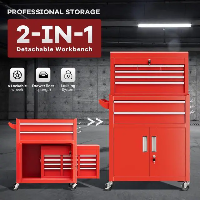 Alt view image 4 of 6 - 8 Drawer Rolling Tool Chest and Cabinet Combo,Heavy-Duty Metal Garage Tool Chest with Wheels and 2 Doors,2-in-1 Top Box and Roller Cabinet Combo for Garage, Workshop, Warehouse-Red