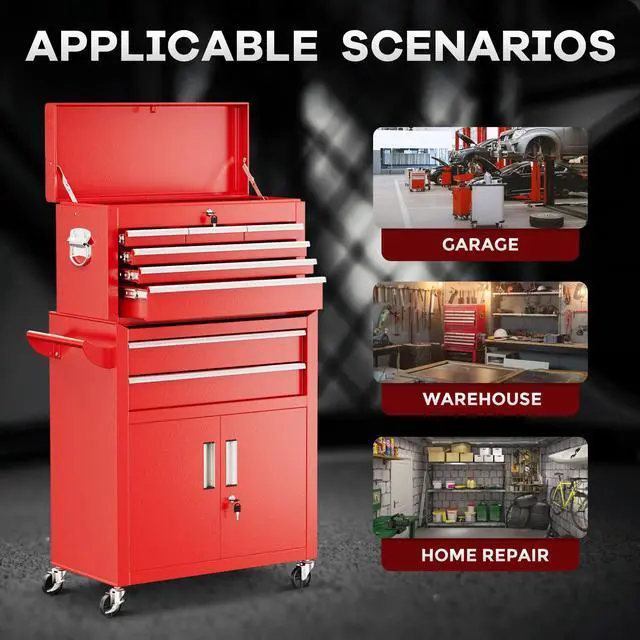Alt view image 5 of 6 - 8 Drawer Rolling Tool Chest and Cabinet Combo,Heavy-Duty Metal Garage Tool Chest with Wheels and 2 Doors,2-in-1 Top Box and Roller Cabinet Combo for Garage, Workshop, Warehouse-Red