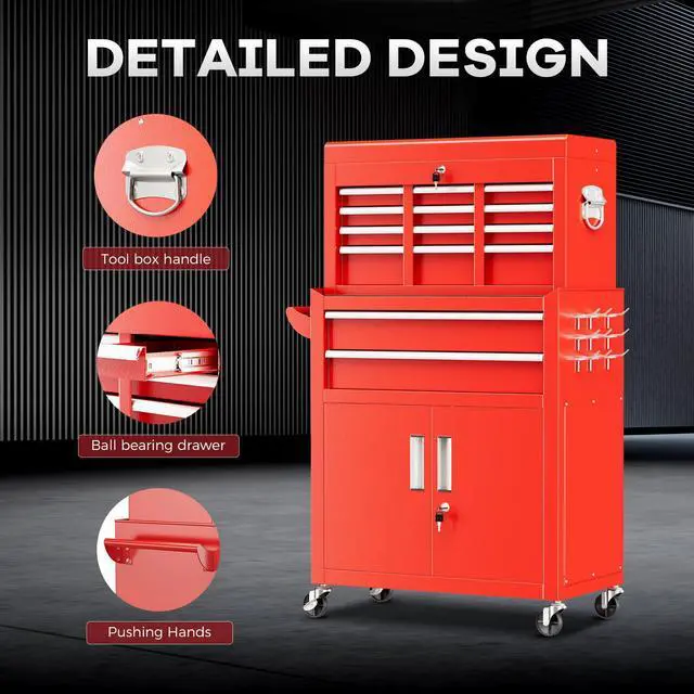 Alt view image 6 of 6 - 8 Drawer Rolling Tool Chest and Cabinet Combo,Heavy-Duty Metal Garage Tool Chest with Wheels and 2 Doors,2-in-1 Top Box and Roller Cabinet Combo for Garage, Workshop, Warehouse-Red