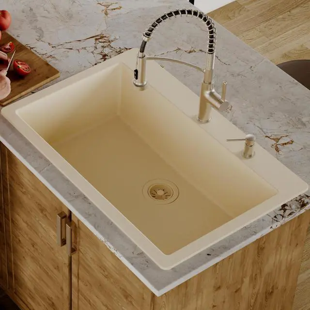 Alt view image 2 of 6 - 33" Drop-In Top Mount Quartz Composite Single Bowl Kitchen Sink in Bisque Extra Deep 9" Basin, Heat Resistant, Sound Dampening, Easy Clean Surface
