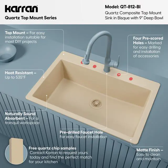 Alt view image 3 of 6 - 33" Drop-In Top Mount Quartz Composite Single Bowl Kitchen Sink in Bisque Extra Deep 9" Basin, Heat Resistant, Sound Dampening, Easy Clean Surface