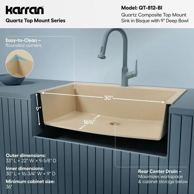 Alt view image 4 of 6 - 33" Drop-In Top Mount Quartz Composite Single Bowl Kitchen Sink in Bisque Extra Deep 9" Basin, Heat Resistant, Sound Dampening, Easy Clean Surface