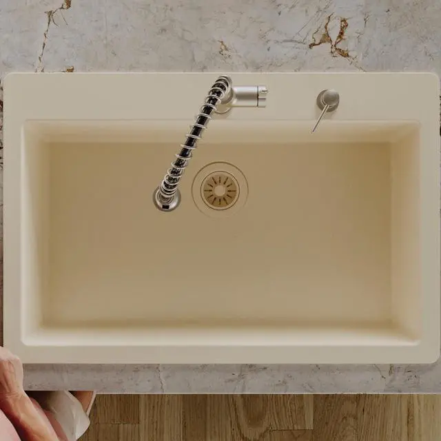 Alt view image 5 of 6 - 33" Drop-In Top Mount Quartz Composite Single Bowl Kitchen Sink in Bisque Extra Deep 9" Basin, Heat Resistant, Sound Dampening, Easy Clean Surface
