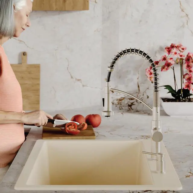 Alt view image 6 of 6 - 33" Drop-In Top Mount Quartz Composite Single Bowl Kitchen Sink in Bisque Extra Deep 9" Basin, Heat Resistant, Sound Dampening, Easy Clean Surface