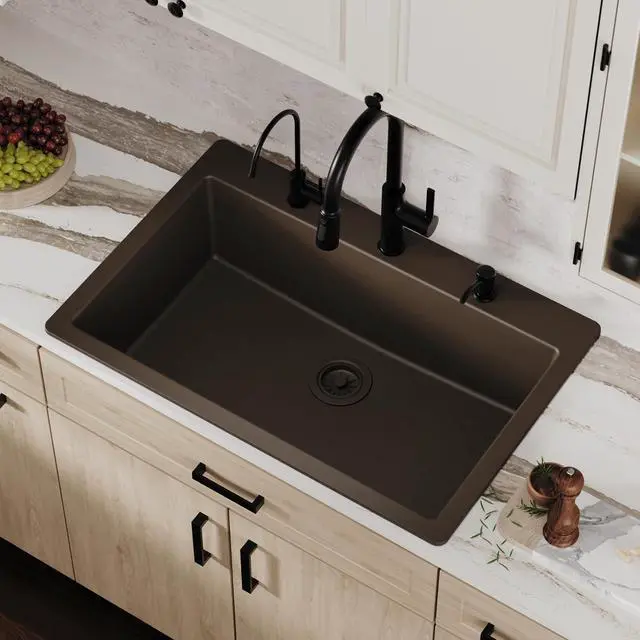 Alt view image 2 of 6 - 33" Drop-In Top Mount Quartz Composite Single Bowl Kitchen Sink in Brown Extra Deep 9" Basin, Heat Resistant, Sound Dampening, Easy Clean Surface