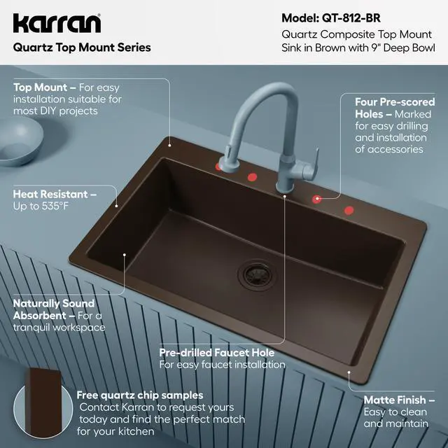 Alt view image 3 of 6 - 33" Drop-In Top Mount Quartz Composite Single Bowl Kitchen Sink in Brown Extra Deep 9" Basin, Heat Resistant, Sound Dampening, Easy Clean Surface