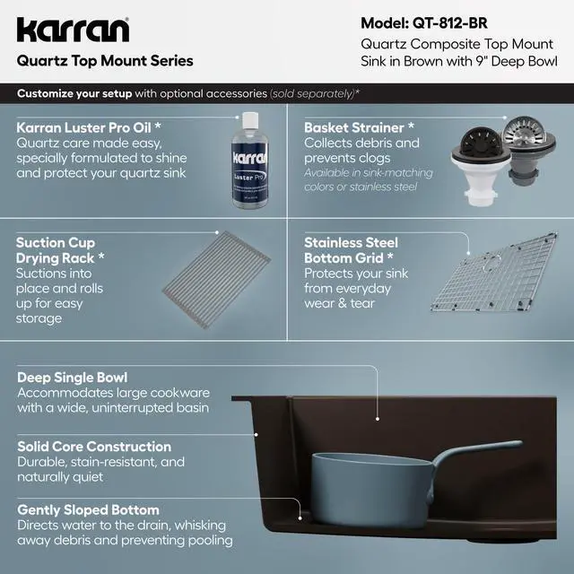 Alt view image 4 of 6 - 33" Drop-In Top Mount Quartz Composite Single Bowl Kitchen Sink in Brown Extra Deep 9" Basin, Heat Resistant, Sound Dampening, Easy Clean Surface