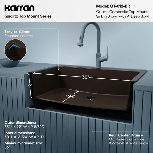 Alt view image 5 of 6 - 33" Drop-In Top Mount Quartz Composite Single Bowl Kitchen Sink in Brown Extra Deep 9" Basin, Heat Resistant, Sound Dampening, Easy Clean Surface