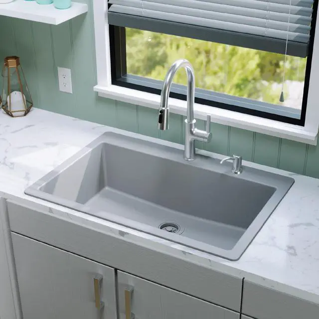 Alt view image 2 of 6 - 33" Drop-In Top Mount Quartz Composite Single Bowl Kitchen Sink in Grey Extra Deep 9" Basin, Heat Resistant, Sound Dampening, Easy Clean Surface