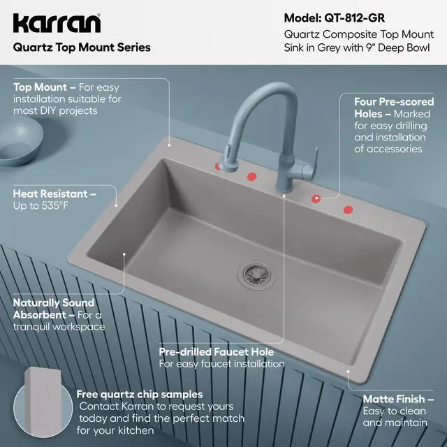 Alt view image 3 of 6 - 33" Drop-In Top Mount Quartz Composite Single Bowl Kitchen Sink in Grey Extra Deep 9" Basin, Heat Resistant, Sound Dampening, Easy Clean Surface