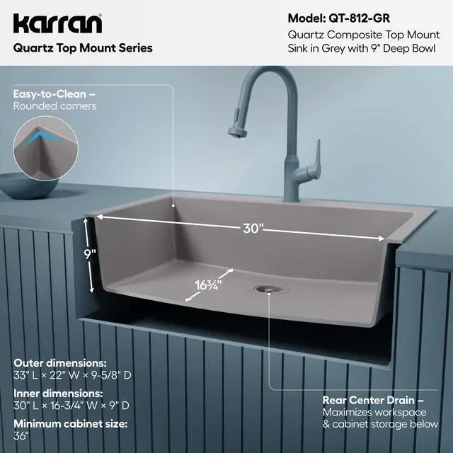 Alt view image 4 of 6 - 33" Drop-In Top Mount Quartz Composite Single Bowl Kitchen Sink in Grey Extra Deep 9" Basin, Heat Resistant, Sound Dampening, Easy Clean Surface