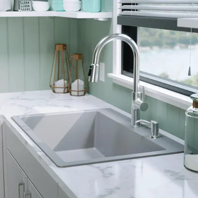 Alt view image 5 of 6 - 33" Drop-In Top Mount Quartz Composite Single Bowl Kitchen Sink in Grey Extra Deep 9" Basin, Heat Resistant, Sound Dampening, Easy Clean Surface