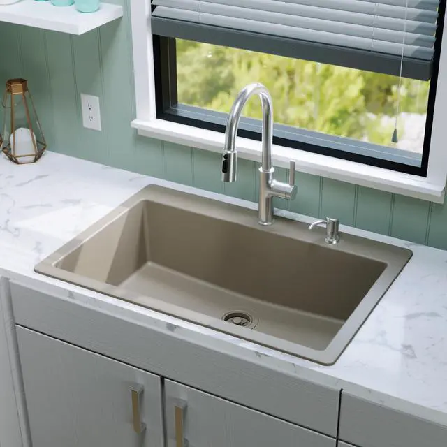 Alt view image 2 of 6 - 33" Drop-In Top Mount Quartz Composite Single Bowl Kitchen Sink in Concrete Extra Deep 9" Basin, Heat Resistant, Sound Dampening, Easy Clean Surface