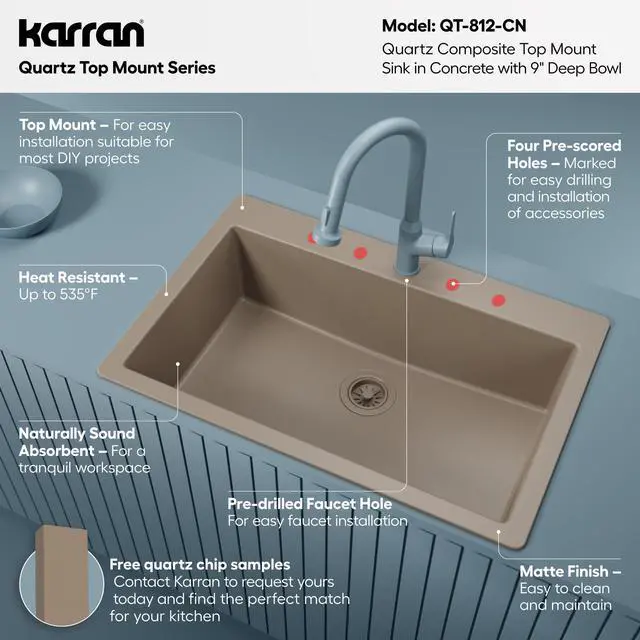 Alt view image 3 of 6 - 33" Drop-In Top Mount Quartz Composite Single Bowl Kitchen Sink in Concrete Extra Deep 9" Basin, Heat Resistant, Sound Dampening, Easy Clean Surface