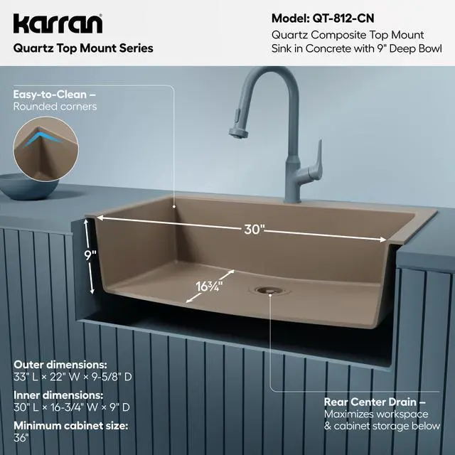 Alt view image 4 of 6 - 33" Drop-In Top Mount Quartz Composite Single Bowl Kitchen Sink in Concrete Extra Deep 9" Basin, Heat Resistant, Sound Dampening, Easy Clean Surface