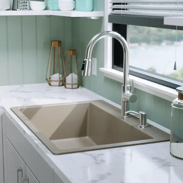 Alt view image 5 of 6 - 33" Drop-In Top Mount Quartz Composite Single Bowl Kitchen Sink in Concrete Extra Deep 9" Basin, Heat Resistant, Sound Dampening, Easy Clean Surface