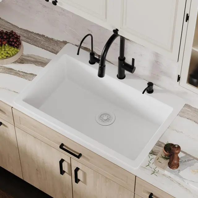 Alt view image 2 of 6 - 33" Drop-In Top Mount Quartz Composite Single Bowl Kitchen Sink in White Extra Deep 9" Basin, Heat Resistant, Sound Dampening, Easy Clean Surface