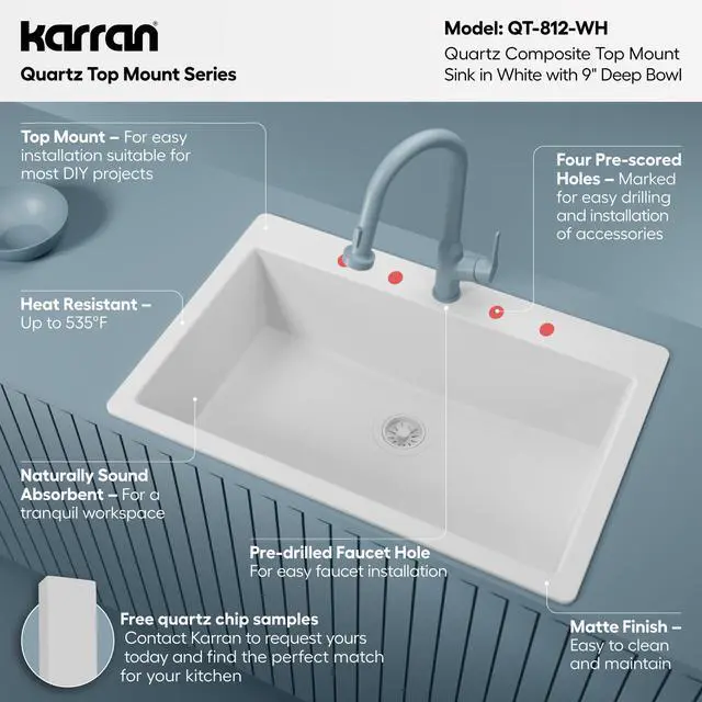 Alt view image 3 of 6 - 33" Drop-In Top Mount Quartz Composite Single Bowl Kitchen Sink in White Extra Deep 9" Basin, Heat Resistant, Sound Dampening, Easy Clean Surface