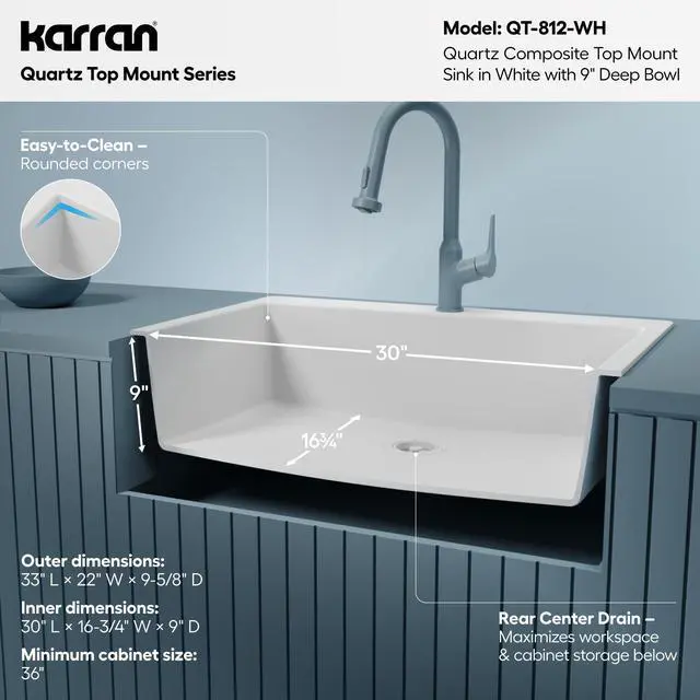 Alt view image 4 of 6 - 33" Drop-In Top Mount Quartz Composite Single Bowl Kitchen Sink in White Extra Deep 9" Basin, Heat Resistant, Sound Dampening, Easy Clean Surface