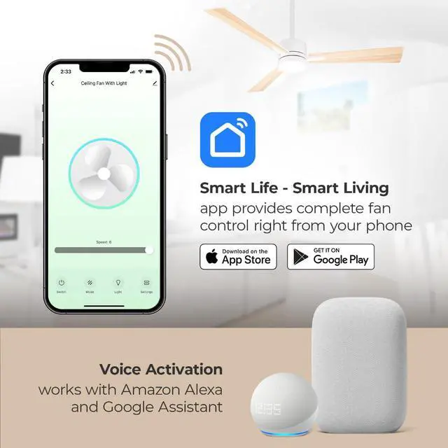 Alt view image 3 of 6 - Breeze Indoor our Outdoor 52in 3-Blade Smart Indoor or Outdoor Ceiling Fan in Matte White Works With iOS or Android App