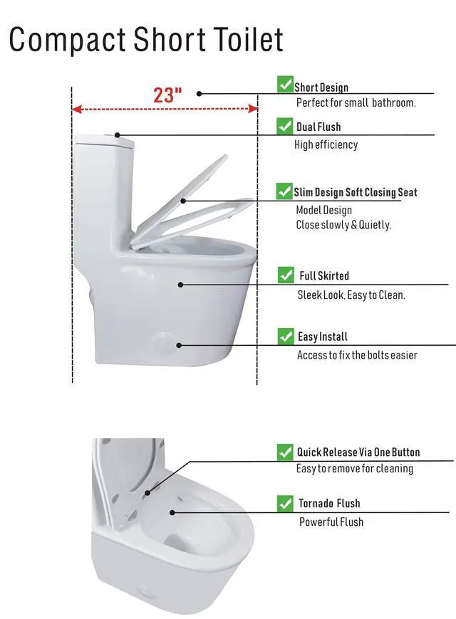 Alt view image 3 of 6 - WZ5069 Small Modern One Piece Toilet Dual Flush 12" Rough in 23-in Depth Short for Compact Tiny Bathroom Powder Room White