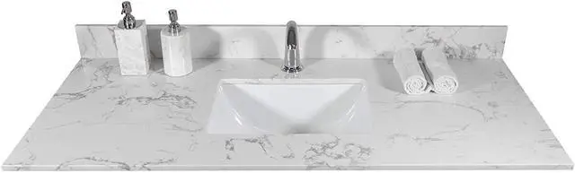 Main image of 43 Inch Marble Vanity Top with Undermounted Rectangular Ceramic Sink & Backsplash, White Carrara Engineered Stone Countertop Vanity Sink Top for Bathroom 1 Pre-Drilled Hole