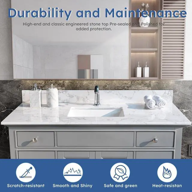 Alt view image 3 of 6 - 43 Inch Marble Vanity Top with Undermounted Rectangular Ceramic Sink & Backsplash, White Carrara Engineered Stone Countertop Vanity Sink Top for Bathroom 1 Pre-Drilled Hole