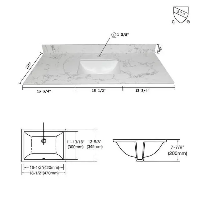 Alt view image 4 of 6 - 43 Inch Marble Vanity Top with Undermounted Rectangular Ceramic Sink & Backsplash, White Carrara Engineered Stone Countertop Vanity Sink Top for Bathroom 1 Pre-Drilled Hole