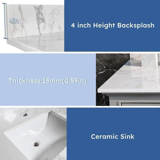 Alt view image 6 of 6 - 43 Inch Marble Vanity Top with Undermounted Rectangular Ceramic Sink & Backsplash, White Carrara Engineered Stone Countertop Vanity Sink Top for Bathroom 1 Pre-Drilled Hole