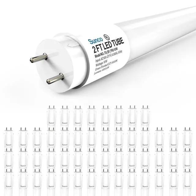 Main image of Sunco 50 Pack 2ft LED T8 Clear Glass Tube for Indoor Replacement Fluorescent Commercial Office Hallway Warehouse, Type B, 10W 1200 Lumens, 5000K Daylight, Non-Dimmable, 100-277V, 50,000 Hour