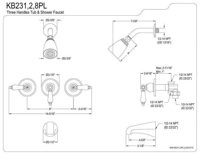 Alt view image 4 of 4 - KB231PL Tub and Shower Faucet with 3-Porcelain Lever Handle, Polished Chrome,5-Inch Spout Reach