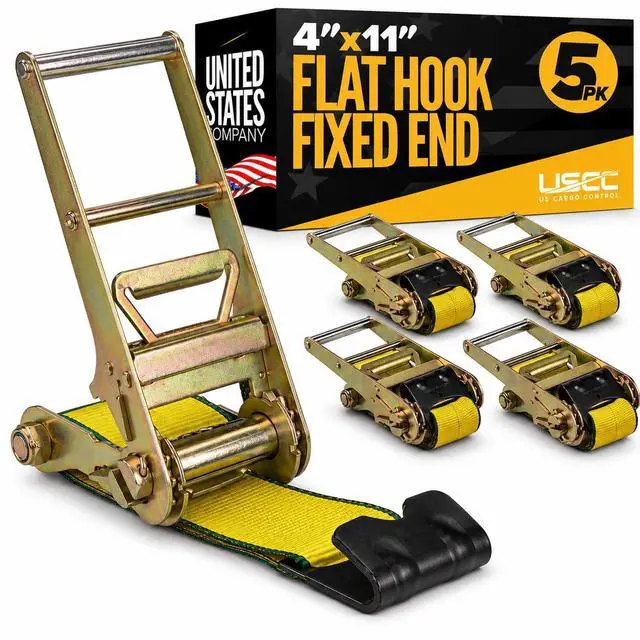 Main image of 4 Inch x 11 Inch Replacement Fixed Ends (5-Pack), 5,400 LBS Working Load Limit, 4 Inch Ratchet Strap Fixed Ends with Zinc-Coated Ratchets and Black Flat Hooks for Flatbed Trailers