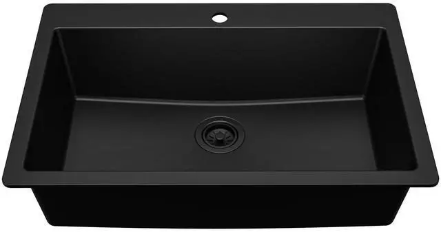 Main image of 33" Drop-In Top Mount Quartz Composite Single Bowl Kitchen Sink in Black Extra Deep 9" Basin, Heat Resistant, Sound Dampening, Easy Clean Surface