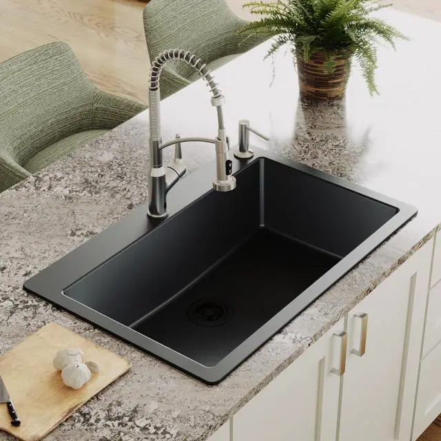 Alt view image 4 of 6 - 33" Drop-In Top Mount Quartz Composite Single Bowl Kitchen Sink in Black Extra Deep 9" Basin, Heat Resistant, Sound Dampening, Easy Clean Surface