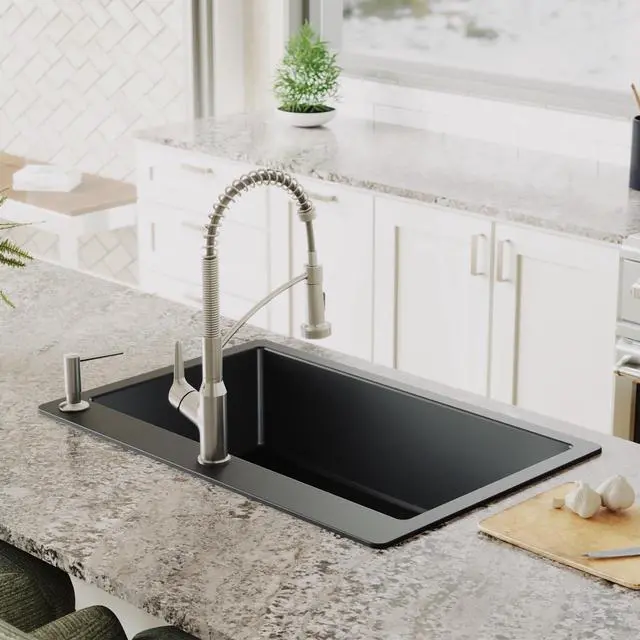 Alt view image 5 of 6 - 33" Drop-In Top Mount Quartz Composite Single Bowl Kitchen Sink in Black Extra Deep 9" Basin, Heat Resistant, Sound Dampening, Easy Clean Surface
