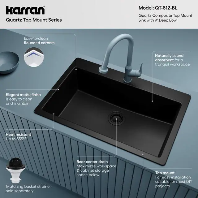 Alt view image 6 of 6 - 33" Drop-In Top Mount Quartz Composite Single Bowl Kitchen Sink in Black Extra Deep 9" Basin, Heat Resistant, Sound Dampening, Easy Clean Surface
