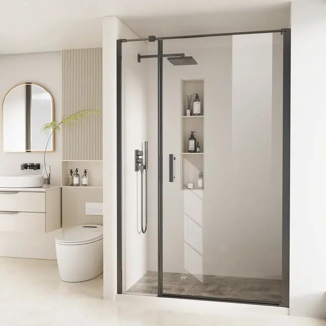 Main image of Framed Pivot Shower Door, Glass Shower Door in Matte Black, 52.5" to 54" W x 72" H, 5/16" Tempered Glass, Reversible Installation, Easy Setup