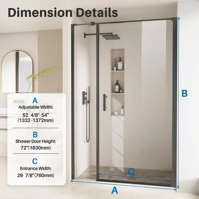 Alt view image 2 of 6 - Framed Pivot Shower Door, Glass Shower Door in Matte Black, 52.5" to 54" W x 72" H, 5/16" Tempered Glass, Reversible Installation, Easy Setup