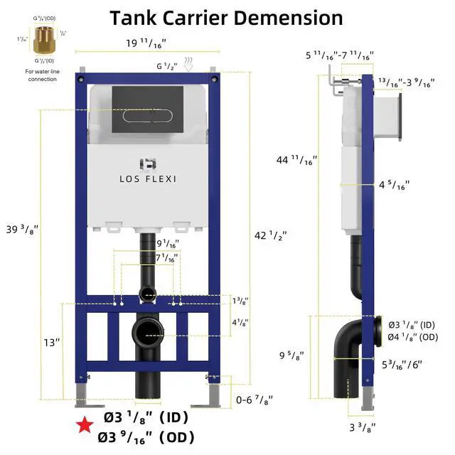 Alt view image 3 of 6 - Concealed In-Wall Toilet Tank Carrier for Wall Hung Toilets, 0.8/1.6 GPF Dual Flush, Adjustable Height Tank Carrier, Includes Flush Actuator Plate for Wall Mount Toilet Setup