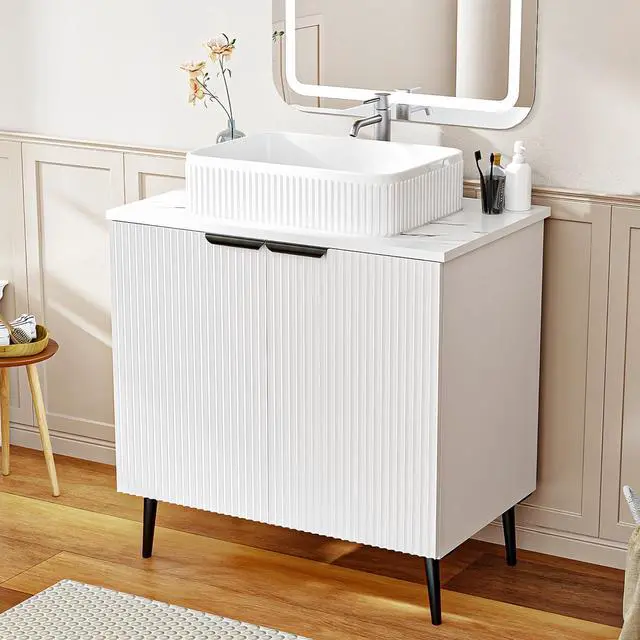 Main image of 30-Inch Bathroom Vanity with Sink: Easy 30-Min Tool-Free Assembly, Water-Resistant Wave Door Cabinet & Modern Farmhouse Design for Small Bathroom, Apartment (White)